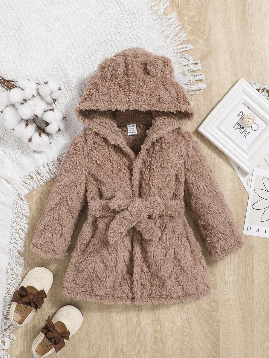 SHEIN Baby Girl 3D Ear Design Hooded Belted Flannel Sleep Robe - Khaki - View 1