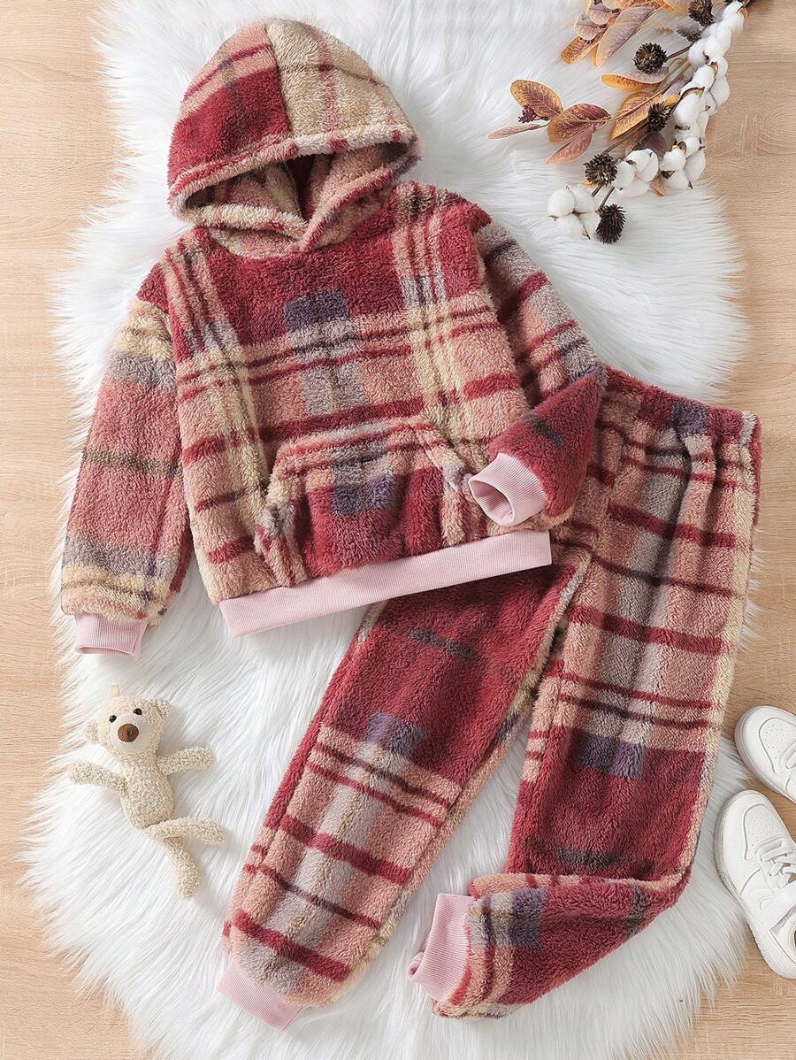 SHEIN 女大童格紋圖案袋鼠口袋毛絨帽衫和褲子 - 彩色 - 查看 1