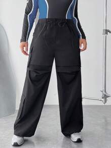 SHEIN ICON Hơn Túi có nắp Viền kéo ra Quần Cargo - màu đen - Xem 5
