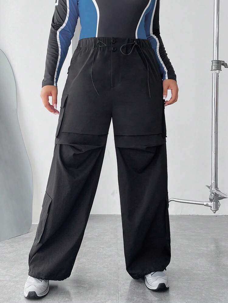 Plus Flap Pocket Drawstring Hem Cargo Pants