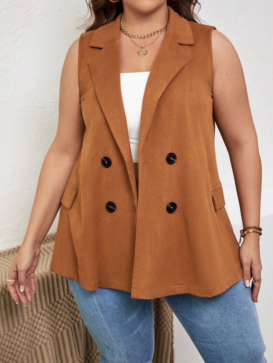 SHEIN VCAY Plus Double Breasted Vest Blazer - Brown - View 1