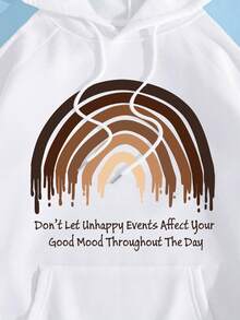 SHEIN EZwear 標語圖案袋鼠口袋抽繩加絨內裏連帽衫 - 白色 - 查看 3