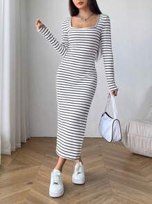 SHEIN EZwear 黑白紧身条纹方领紧身连衣裙 - 黑與白 - 查看 4