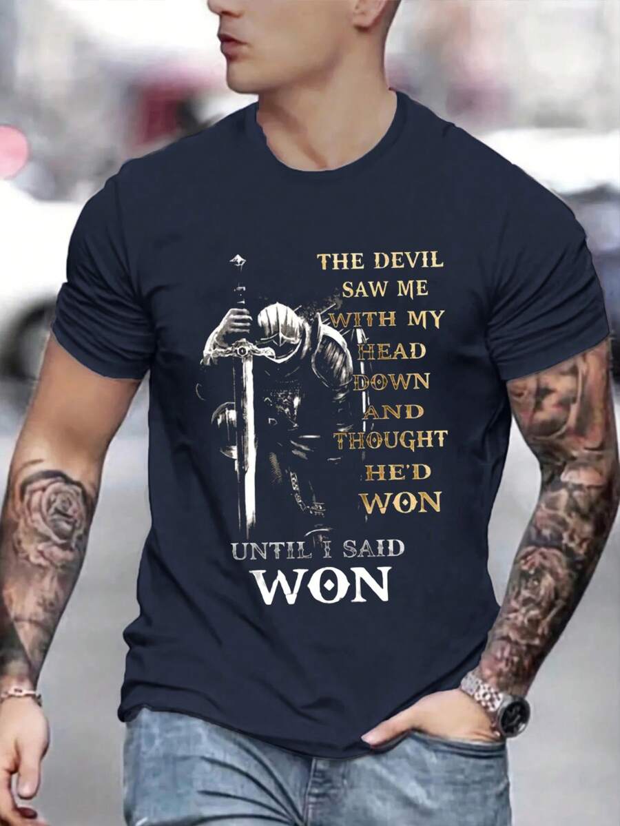 Men Slogan & Figure Graphic Tee - Navy Blue - View 1