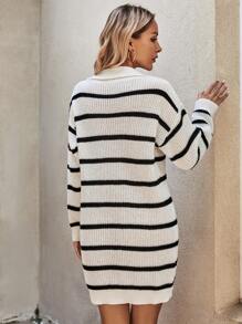 SHEIN LUNE Striped Pattern Drop Shoulder Sweater Dress - Black and White - View 2
