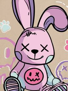 INAWLY 卡通圖案袋鼠口袋抽繩加絨內裏連帽衫 - 杏色 - 查看 5