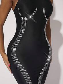 SHEIN SXY Rhinestone Chi tiết Nàng tiên cá Hem Váy dây - màu đen - Xem 5