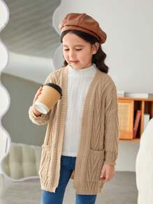 SHEIN 女小童休閒長袖針織開襟衫 - 卡其色 - 查看 5