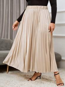 SHEIN Privé 大碼高腰百褶半身裙 - 杏色 - 查看 5