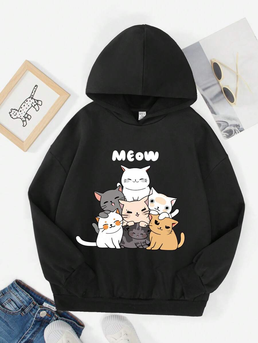Áo nỉ in hình mèo hoạt hình và chữ cái dành cho bé gái tuổi teen - màu đen - Xem 1