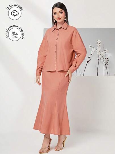 Modelyn 素色落肩袖襯衫&魚尾短裙不附腰帶