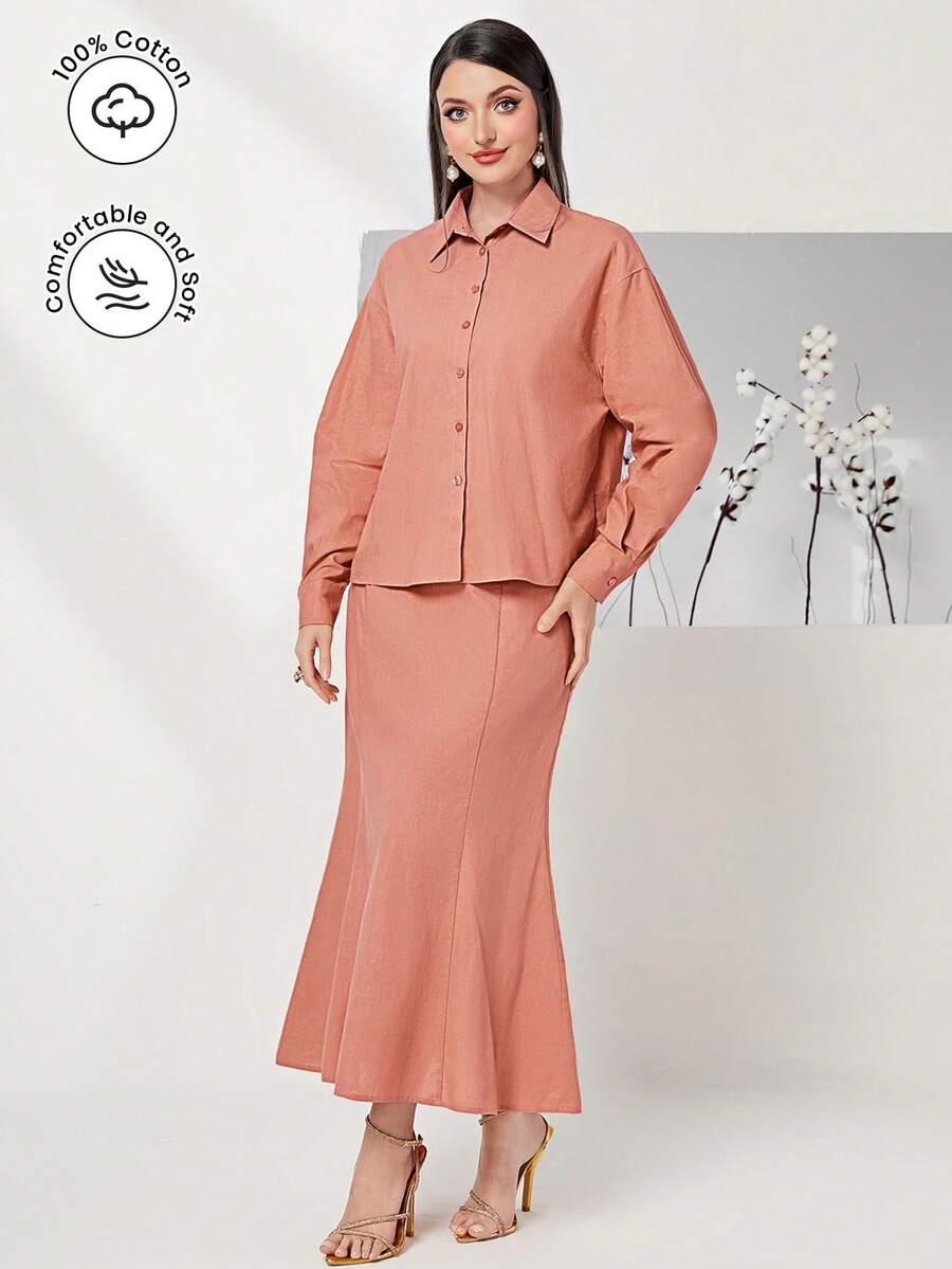 Modelyn 素色落肩袖襯衫&魚尾短裙不附腰帶 - 珊瑚粉 - 查看 1