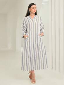 Al Najma Striped Print Batwing Sleeve Dual Pocket Dress, Modest
