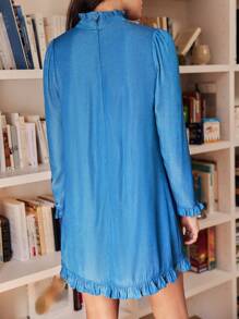 SHEIN Frenchy Vestido unicolor bajo con fruncido sin cinturón - Azul - Ver 3