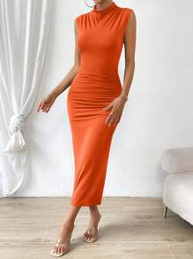 SHEIN Privé Mock Neck Ruched Split Thigh Dress - Orange - View 4