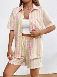 Flirla Gingham Print Shirt & Shorts