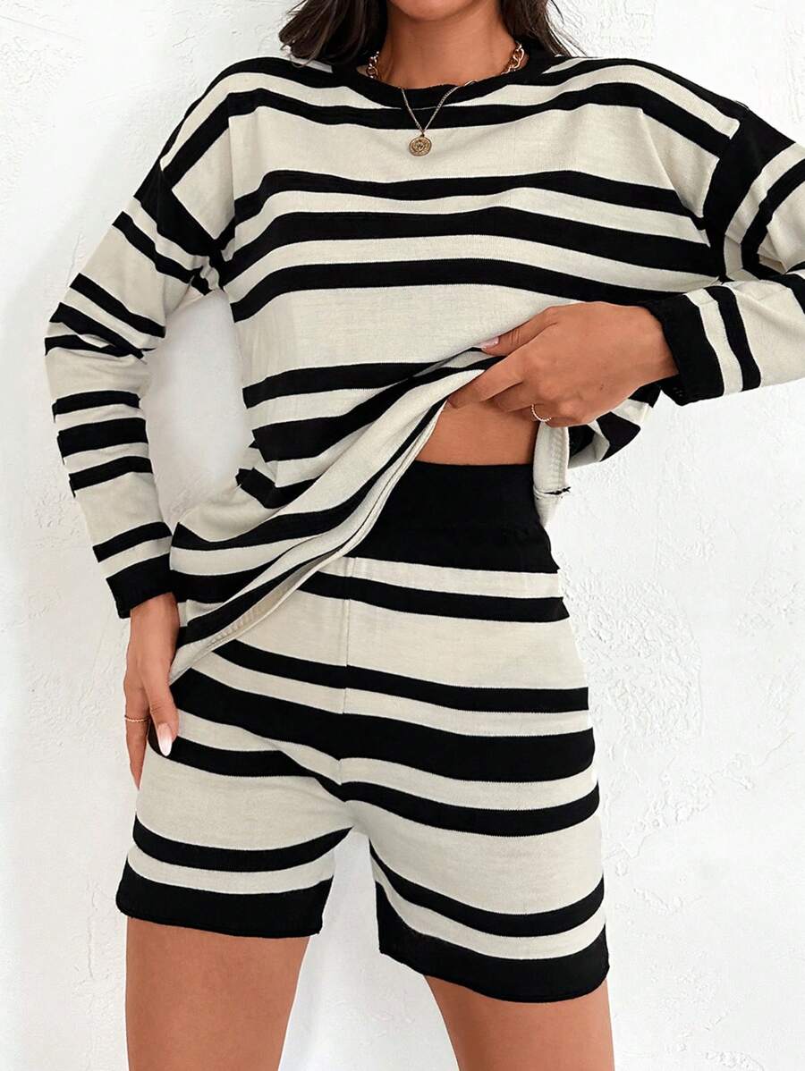 EURMUSE Striped Pattern Drop Shoulder Sweater & Knit Shorts - Multicolor - View 1