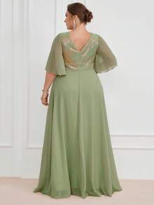 大碼亮片拼接蝴蝶袖雪紡超長派對禮服 - 綠色 - 查看 2