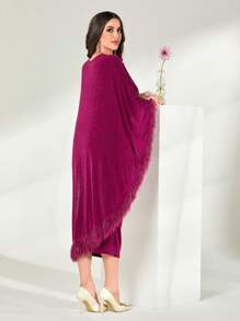 Modelyn Fringe Trim Batwing Sleeve Top & Pencil Skirt - Red Violet - View 2