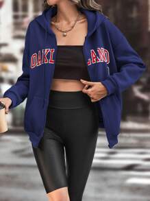 SHEIN Unity 字母圖案落肩袖抽繩加絨內裏連帽衫 - 藏蓝色 - 查看 1