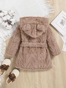 SHEIN Baby Girl 3D Ear Design Hooded Belted Flannel Sleep Robe - Khaki - View 2