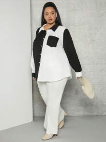 SHEIN CURVE+ Plus Two Tone Patched Pocket Shirt - Black and White - View 3