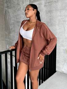 SHEIN SXY Zip Up Raglan Sleeve Drawstring Hoodie