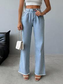 EURMUSE Raw Hem Straight Leg Jeans - Light Wash - View 3