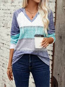 SHEIN LUNE Capucha de color combinado de manga raglán con cordón - Multicolor - Ver 7