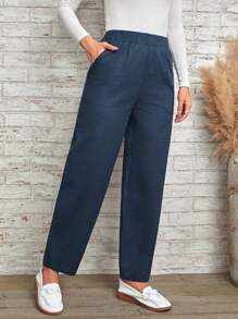 EMERY ROSE Solid Slant Pocket Elastic Waist Pants - Navy Blue - View 5