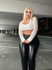 SHEIN SXY 大碼素色網眼針織短款開衫 - 白色 - 查看 3