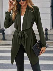 SHEIN Clasi 大翻領不對稱下擺腰帶外套 - 軍綠色 - 查看 4