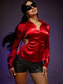 SHEIN SXY Halloween Cut Out Waist Button Front Satin Shirt Halloween Cut Out Waist Button Front Satin Shirt long sleeve - Red - View 1