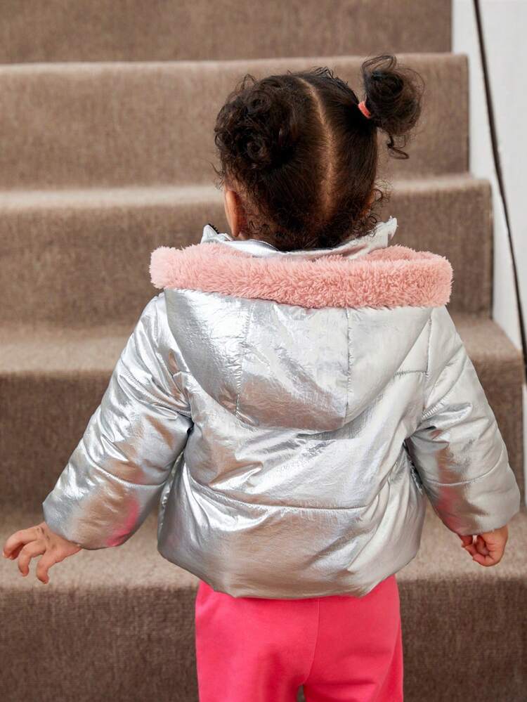 Baby Girl Contrast Fuzzy Hooded Padded Coat