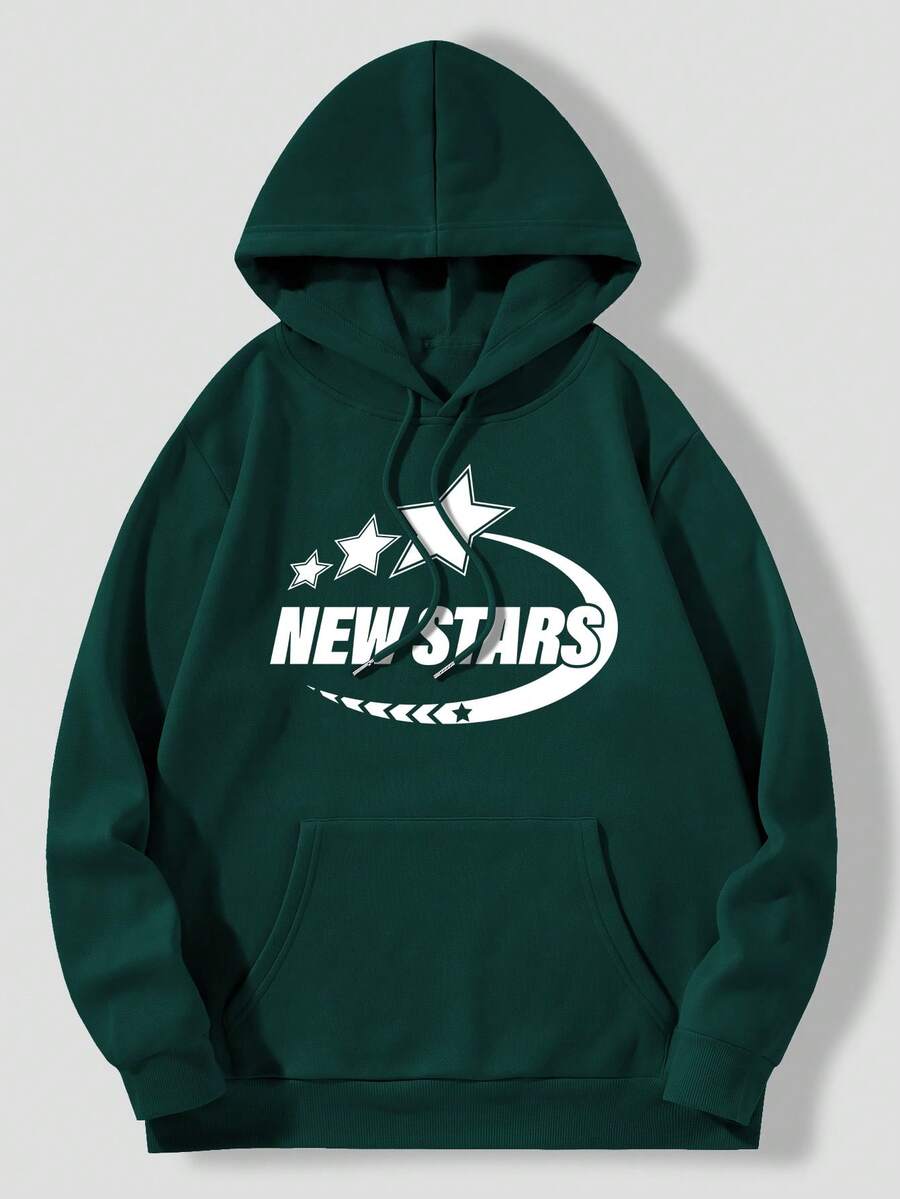Men Letter Graphic Kangaroo Pocket Drawstring Thermal Hoodie - Dark Green - View 1