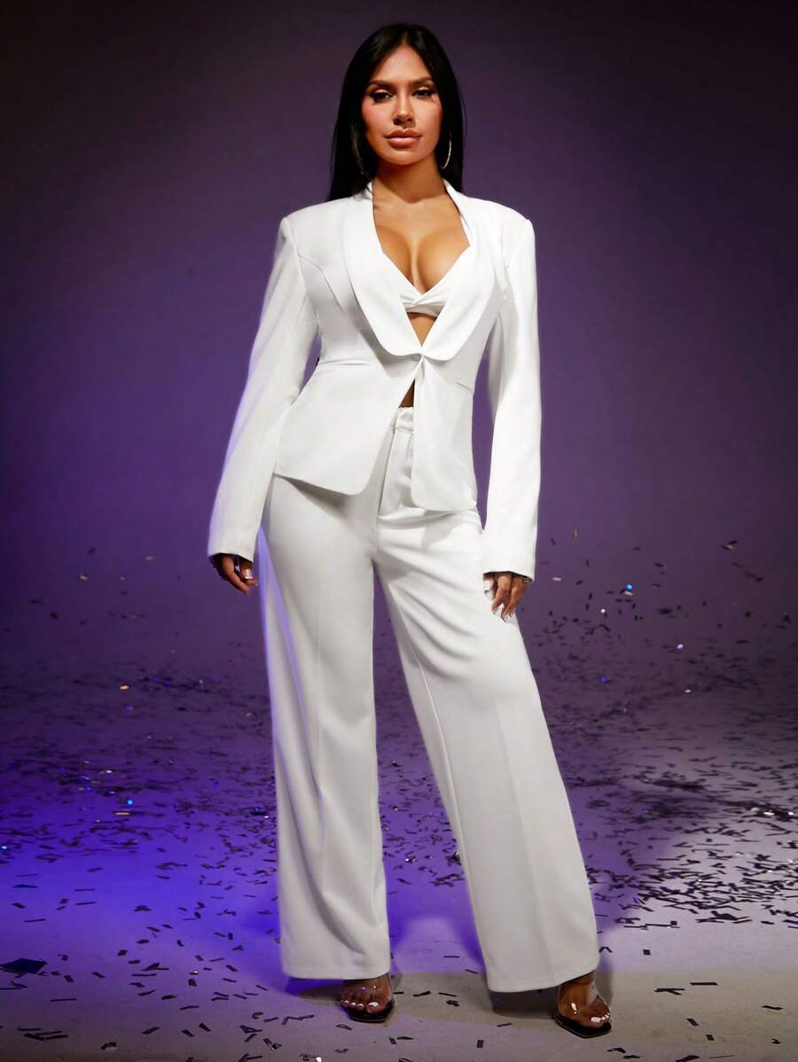 SHEIN SXY Blazer de un solo botón de color sólido, ideal para fiestas de Año Nuevo y Halloween sexy - Blanco - Ver 1
