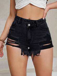 Quần short denim với các đường viền thô rách - màu đen - Xem 3