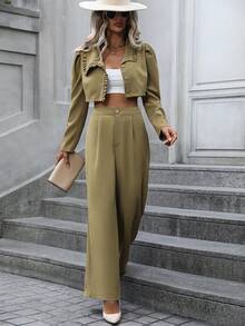 SHEIN Clasi Chất rắn Nút phía trước Áo Jacket Crop & Quần ống rộng - Màu Khaki - Xem 6
