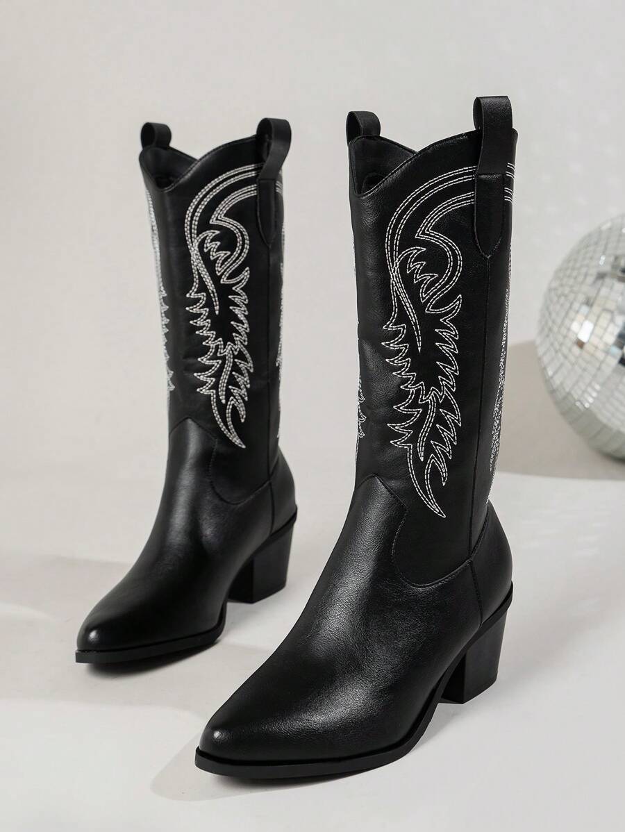 Women's Fashionable Black Western Boots,Ladies' embroidery western