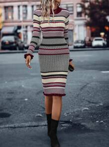 EMERY ROSE 鋸齒圖案喇叭袖荷葉邊毛衣洋裝 - 彩色 - 查看 5