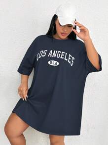 SHEIN EZwear Hơn Đồ họa Chữ cái Váy thun trễ vai - Màu xanh hải quân - Xem 1