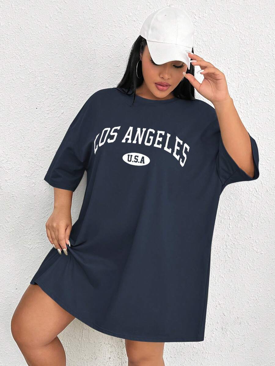 SHEIN EZwear Hơn Đồ họa Chữ cái Váy thun trễ vai - Màu xanh hải quân - Xem 1