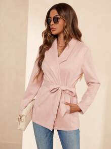 SHEIN Clasi Solid Belted Open Front Coat - Baby Pink - View 6