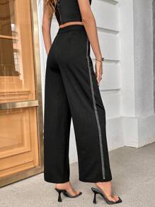 SHEIN Privé Quần ống rộng viền ren cạp cao - màu đen - Xem 2