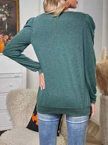 SHEIN LUNE Notched Neckline Gigot Sleeve Tee - Mint Green - View 2