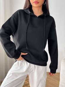 SHEIN EZwear 春季服装标语图案落肩连帽衫 YOU LOVE ME，秋冬长袖上衣 - 黑色 - 查看 5