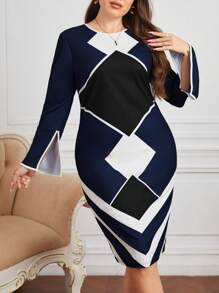 SHEIN Clasi 大碼幾何印花荷葉袖緊身洋裝 - 彩色 - 查看 4