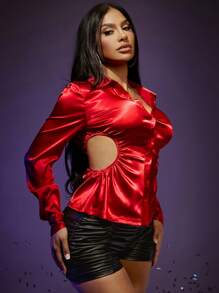 SHEIN SXY Halloween Cut Out Waist Button Front Satin Shirt Halloween Cut Out Waist Button Front Satin Shirt long sleeve - Red - View 4