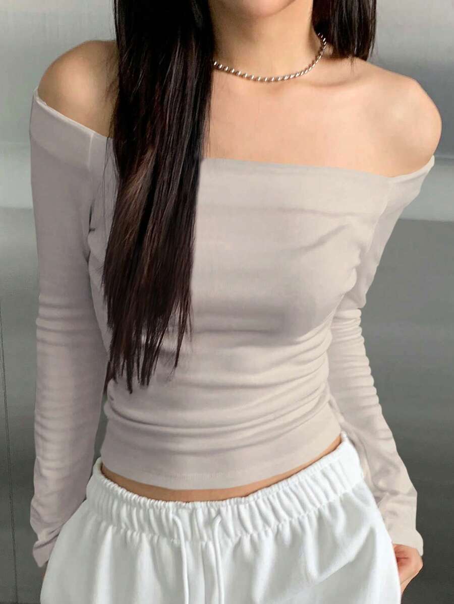 DAZY Camiseta de hombros descubiertos fruncido - Beis - Ver 1