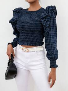GENKIRA Gingham Print Ruffle Trim Lantern Sleeve Crop Blouse - Multicolor - View 3